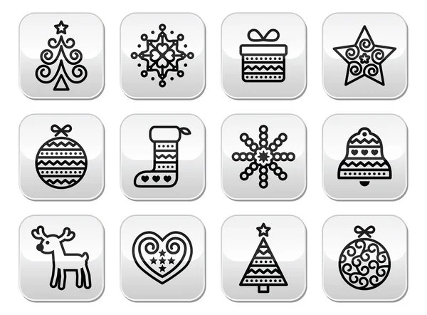 Christmas buttons with stroke - Xmas tree, present, reindeer — Stock Vector