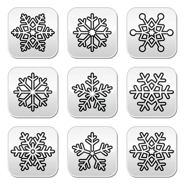 Copos de nieve, conjunto de botones en blanco y negro de invierno — Vector de stock