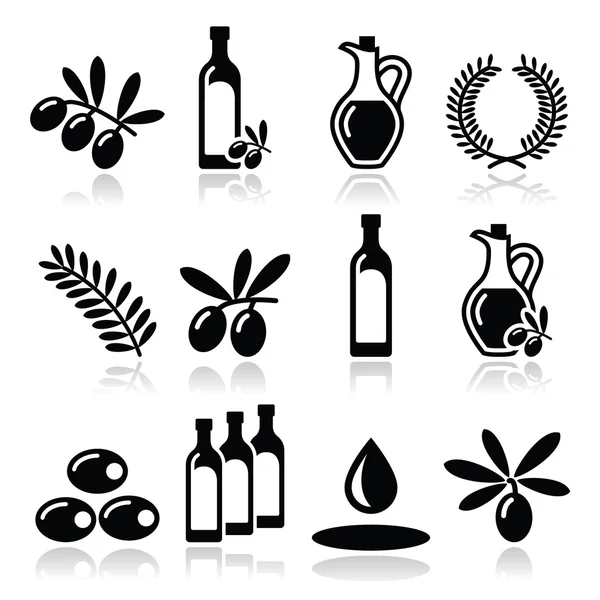 Aceite de oliva, conjunto de iconos de rama de olivo — Vector de stock