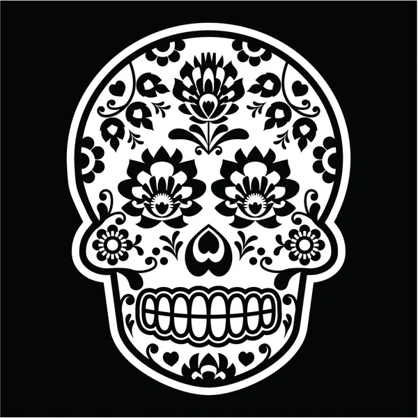 Teschio di zucchero messicano - stile artistico popolare polacco su nero — Vettoriale Stock