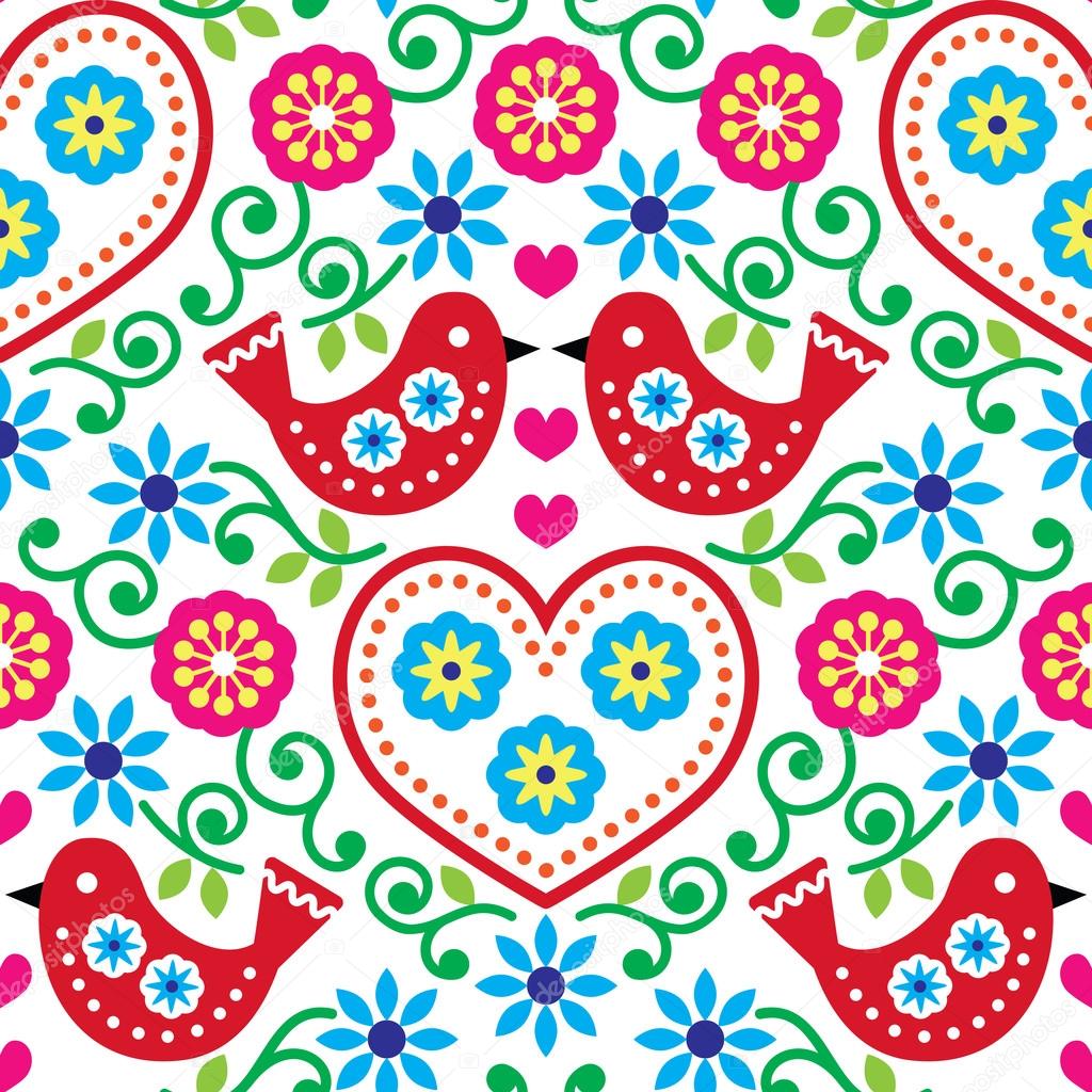 Folk art seamless pattern with flowers and birds