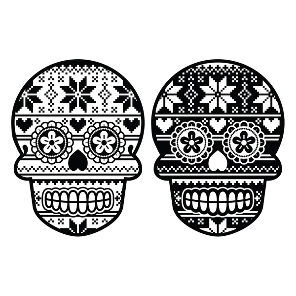 Mexican black sugar skull with winter Nordic pattern — Stock Vector