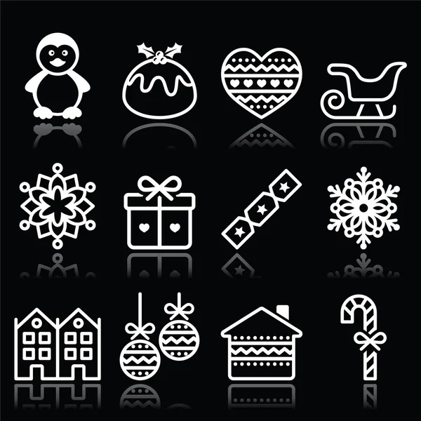 Christmas, winter white icons with stroke on black — Stock Vector