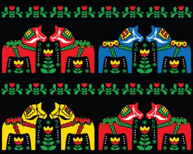 Swedish Dala horse folk art seamless pattern on black clipart