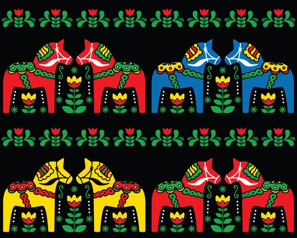 Swedish Dala horse folk art seamless pattern on black — Stock Vector