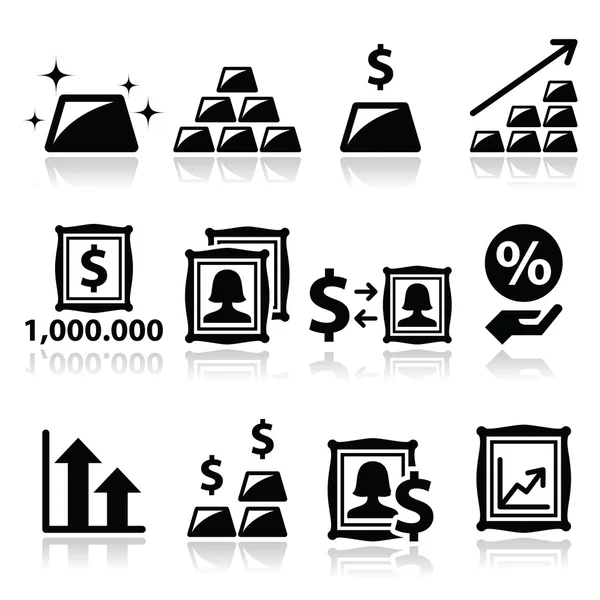 Alternative investments - investing money in gold and art icons — Stock Vector