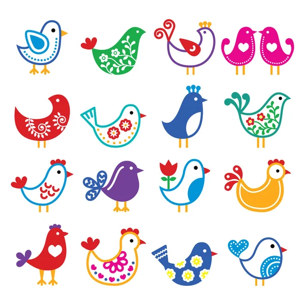 Folk art colorful birds vector icons set — Stock Vector