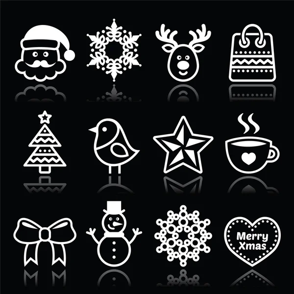 Christmas, winter white icons set on black — Stock Vector