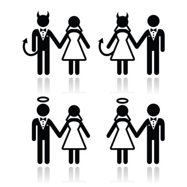 Evlilik çift - şeytan ve melek gelin ve damat simgeler