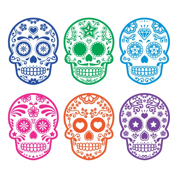 Crâne de sucre mexicain, ensemble d'icônes Dia de los Muertos — Image vectorielle