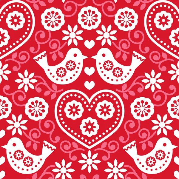 Patrón sin costura de arte popular rojo con flores y pájaros — Vector de stock