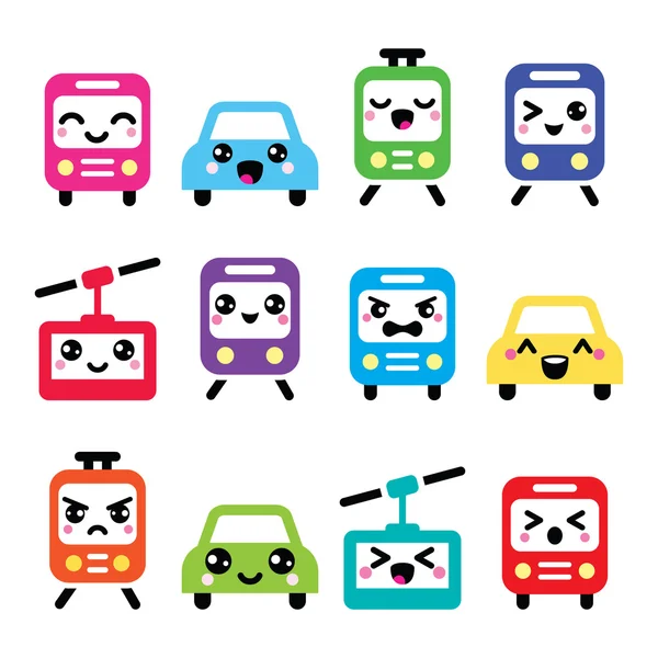 Kawaii cute icons - auto, bus, trein, tram en gondel — Stockvector