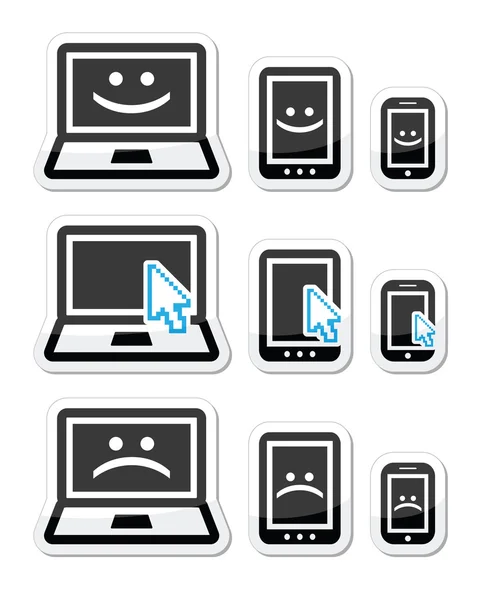 Laptop, tablet and phone with cursor arrow, happy and sad faces — Stock Vector