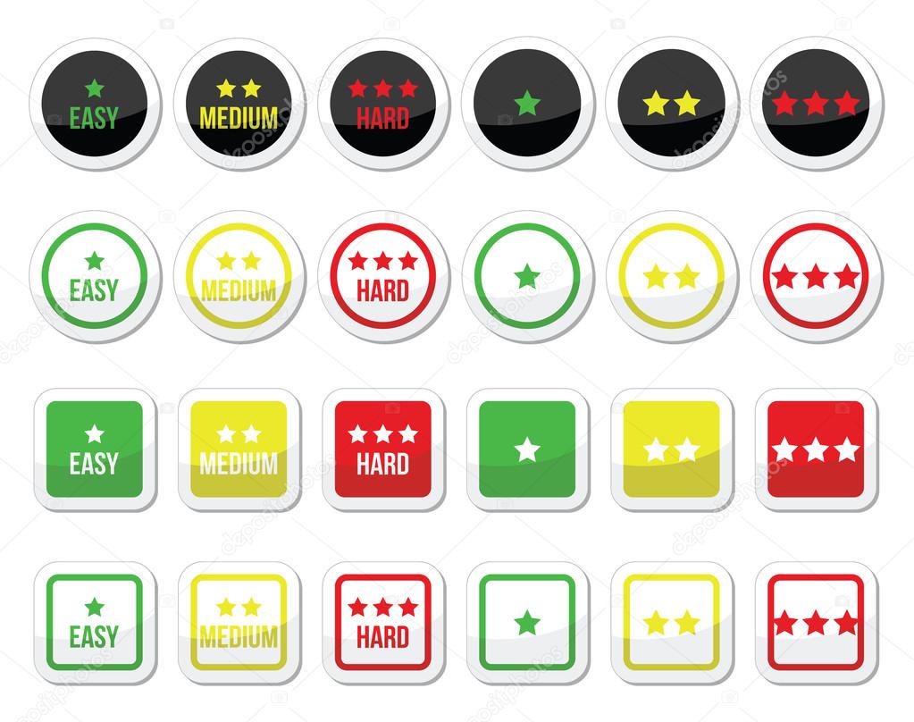 Easy, medium, hard level with stars icons set