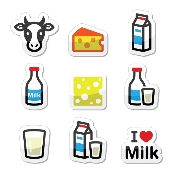 Productos lácteos: conjunto de iconos de vectores de leche y queso — Vector de stock