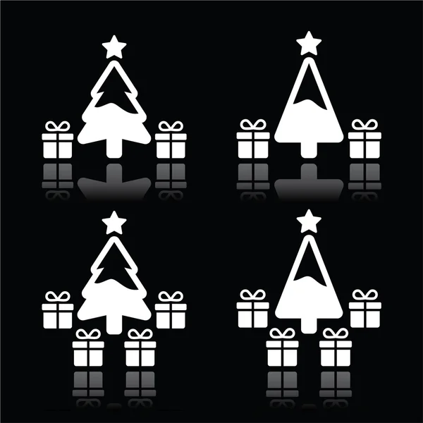 Árbol de Navidad con regalos iconos blancos sobre negro — Vector de stock