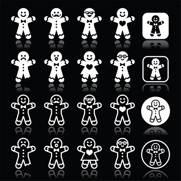 Gingerbread man Christmas white icons on black — Stock Vector