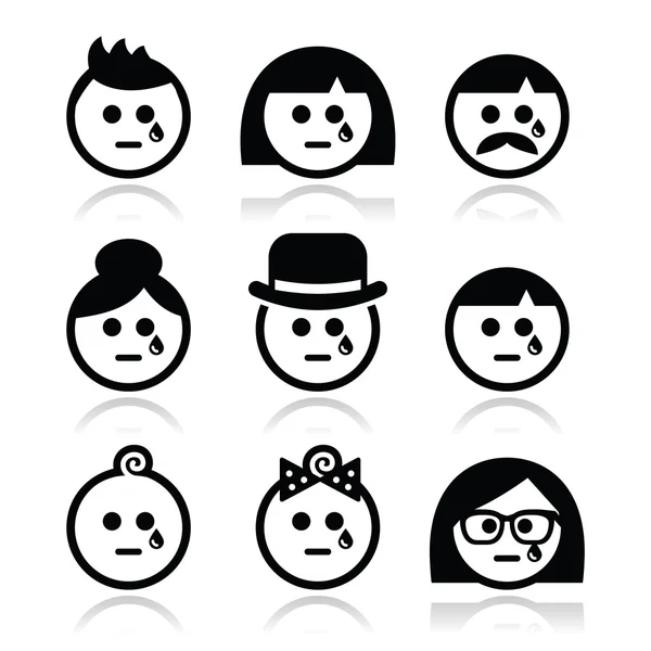 Crying people faces - man, woman, baby icons set — Stock Vector