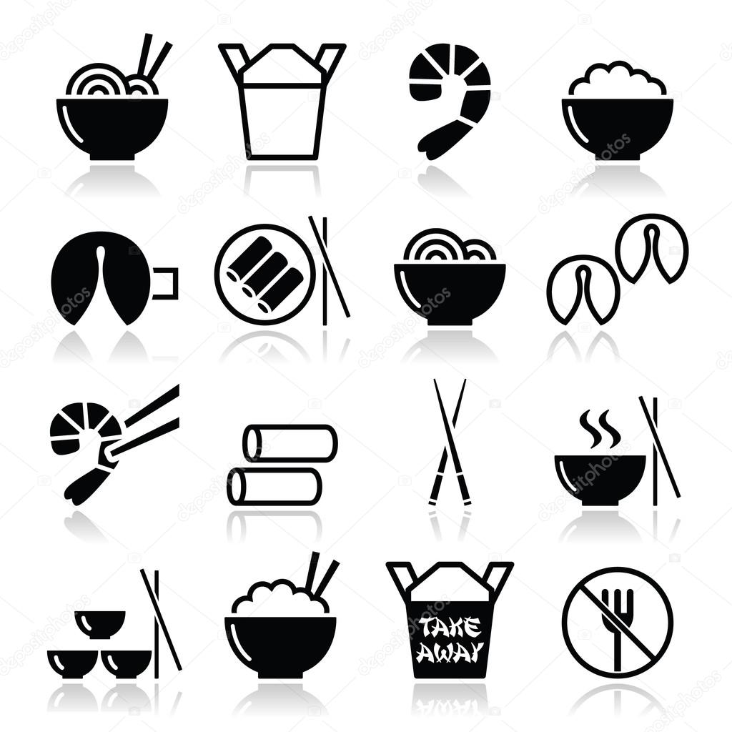 Chinese take away food icons - pasta, rice, spring rolls, fortune cookies