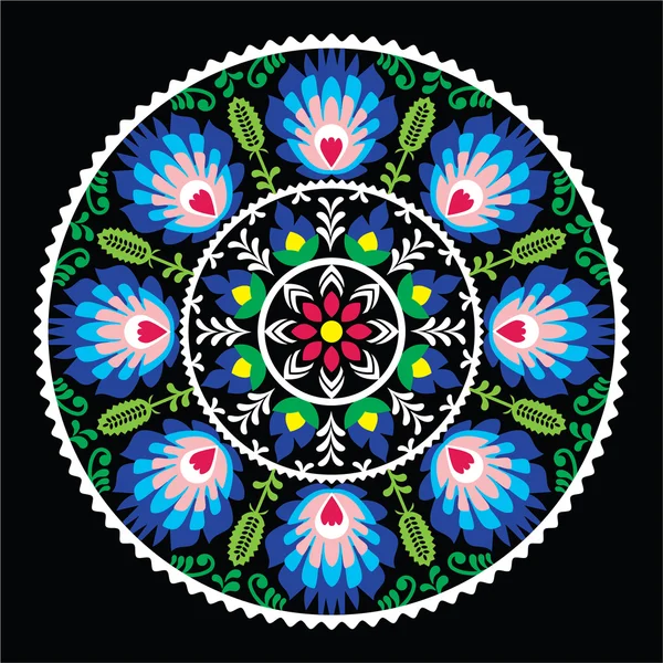 Polish traditional folk art pattern in circle - Wzory Lowickie on black — Stock Vector