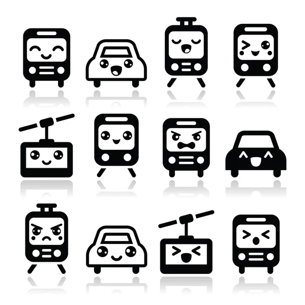 Icônes mignonnes Kawaii - voiture, bus, train, tram et gondole — Image vectorielle