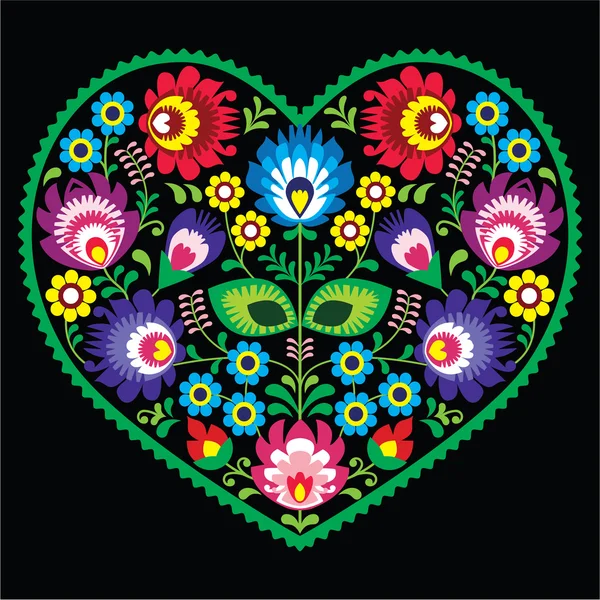 Polish folk art art heart with flowers - Wycinanki on black — Stock Vector