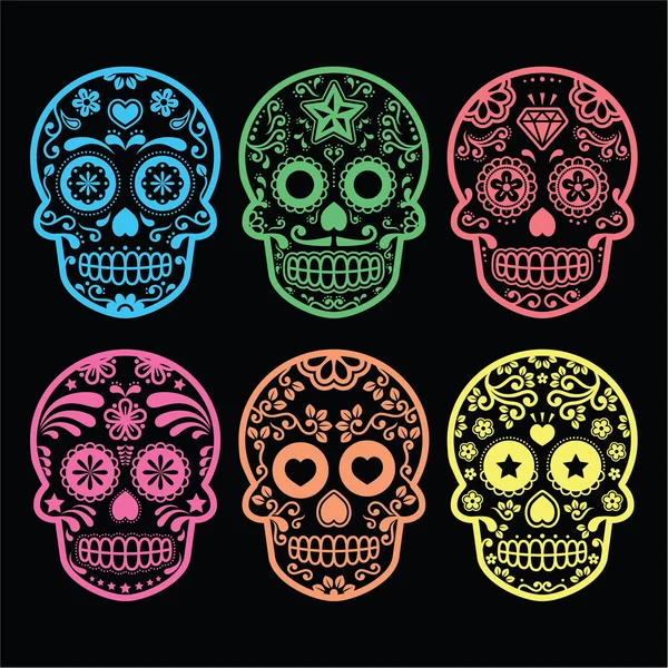 Cráneo de azúcar mexicano, iconos de Dia de los Muertos sobre negro — Archivo Imágenes Vectoriales