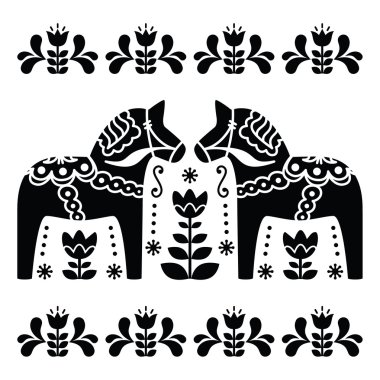 Swedish Dala or Daleclarian horse black and white folk art pattern clipart