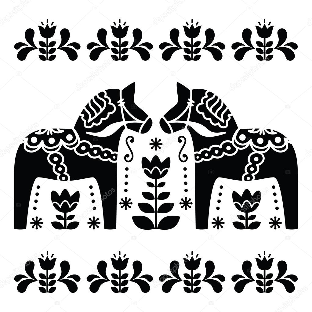 Swedish Dala or Daleclarian horse black and white folk art pattern
