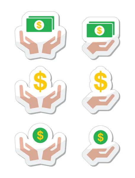 Mani con banconote in dollari, set icone vettoriali monete — Vettoriale Stock