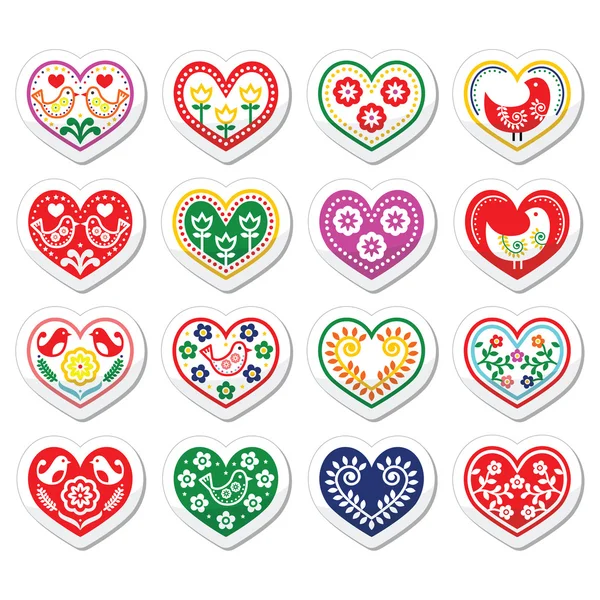 Folk hearts with flowers and birds icons set — Stock Vector