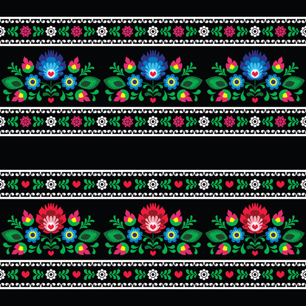 Seamless Polish folk art pattern with flowers - wzory lowickie on black
