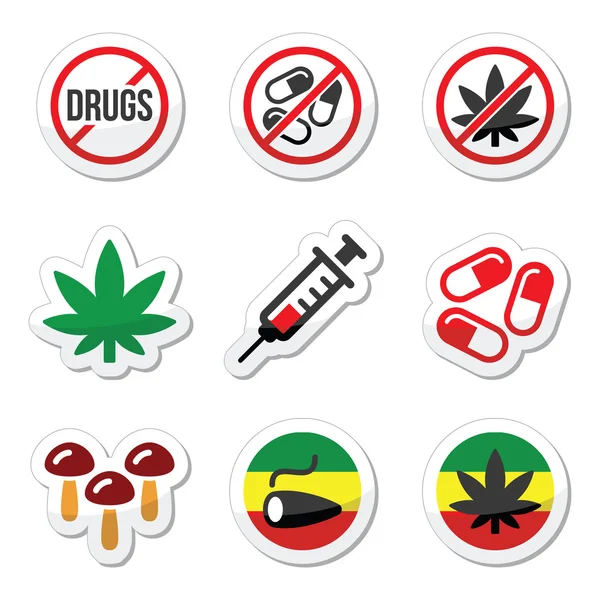 Droga, dipendenza, marijuana, siringhe colorate etichette set — Vettoriale Stock