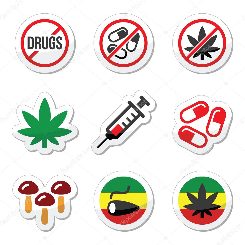 Drugs, addiction, marijuana, syringe colorful labels set