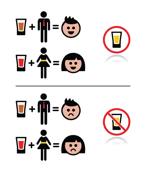 Personnes buvant de l'alcool - icônes visage triste et heureux mis — Image vectorielle