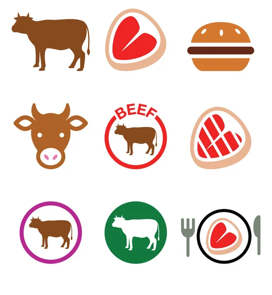 Carne de bovino, conjunto de ícones vetoriais de vaca — Vetor de Stock
