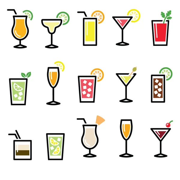 Cocktails, copos óculos conjunto de ícones vetoriais — Vetor de Stock