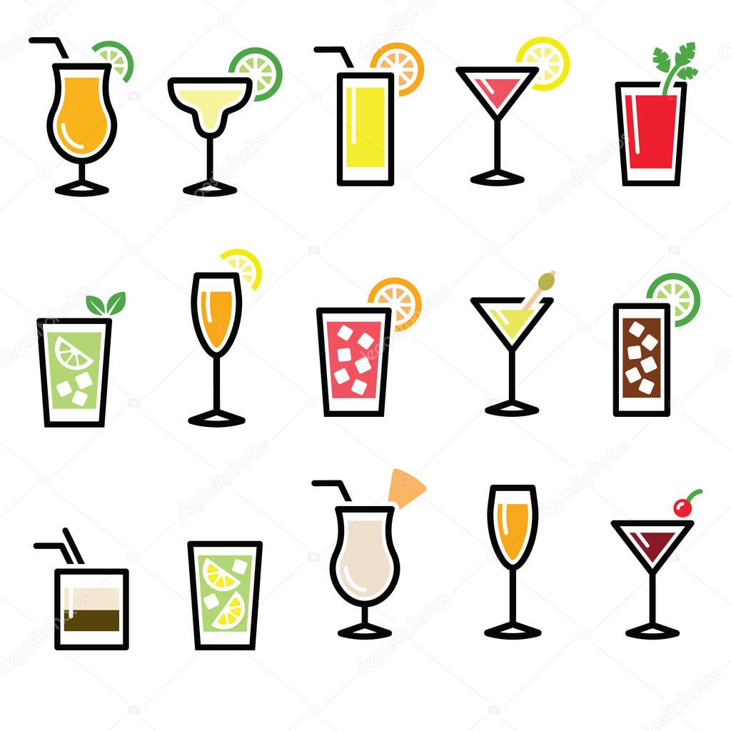 Cocktails, drinks glasses vector icons set