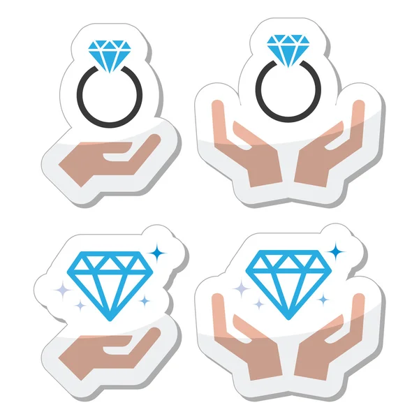 Anillo de compromiso de diamante con manos vector icono — Vector de stock