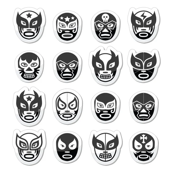 Lucha libre, luchador Mexicano wrestling preto máscaras ícones — Vetor de Stock