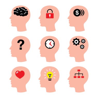 Baş, adam düşünceler, beyin vector Icons set