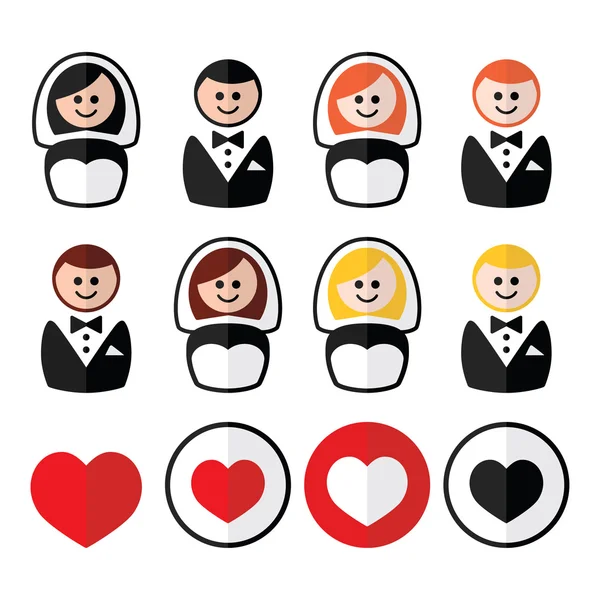 Groom and bride, wedding icons - black, blonde, ginger hair, brunette — Stock Vector