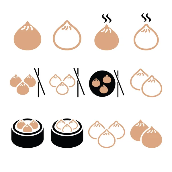 Albóndigas chinas, comida asiática Dim Sum vector iconos conjunto — Vector de stock