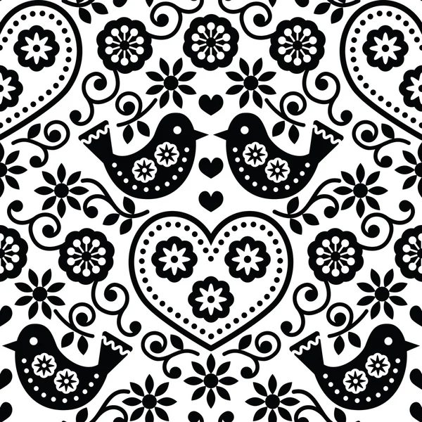 Art populaire motif monochrome sans couture avec des fleurs et des oiseaux — Image vectorielle