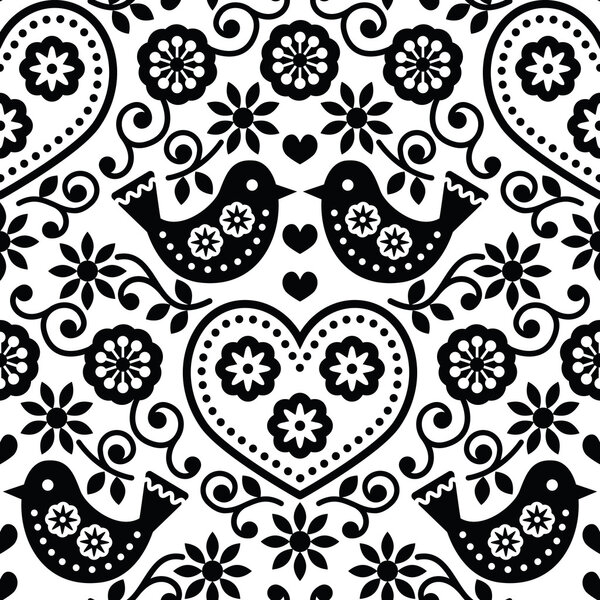 Folk art seamless monochrome pattern with flowers and birds