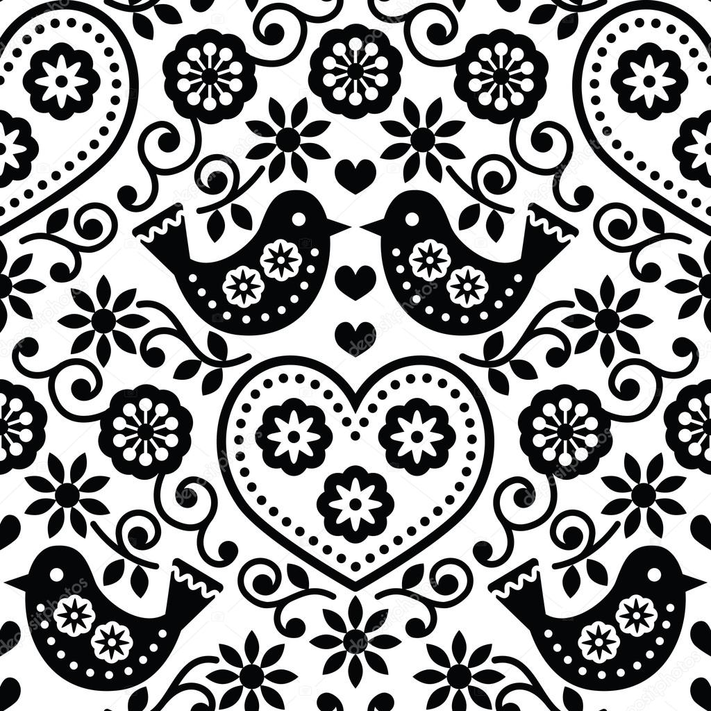 Folk art seamless monochrome pattern with flowers and birds