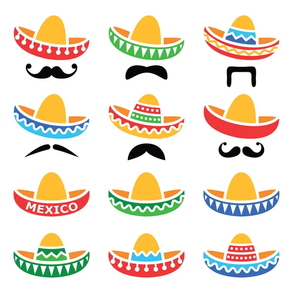 Chapeau mexicain Sombrero avec des icônes moustache ou moustache — Image vectorielle