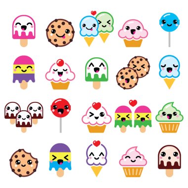 Cute Kawaii food characters - cupcake, ice-cream, cookie, lollipop icons clipart