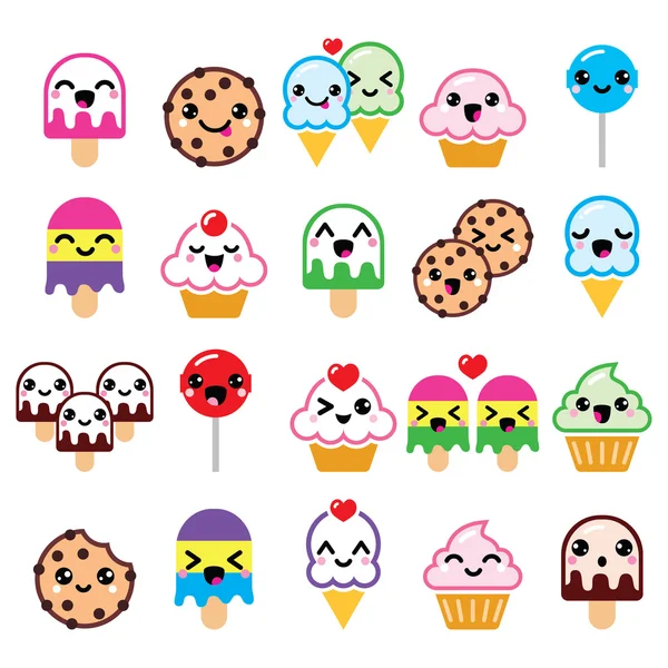 Cute Kawaii food characters - ccake, ice-cream, cookie, lollipop icons — стоковый вектор