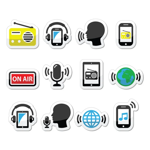 Radio, podcast app su smartphone e tablet set icone — Vettoriale Stock